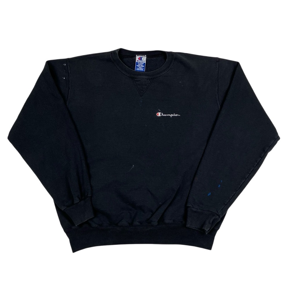 Vintage 90s Champion Distressed Faded & Painted Black Crew Neck Sweatshirt